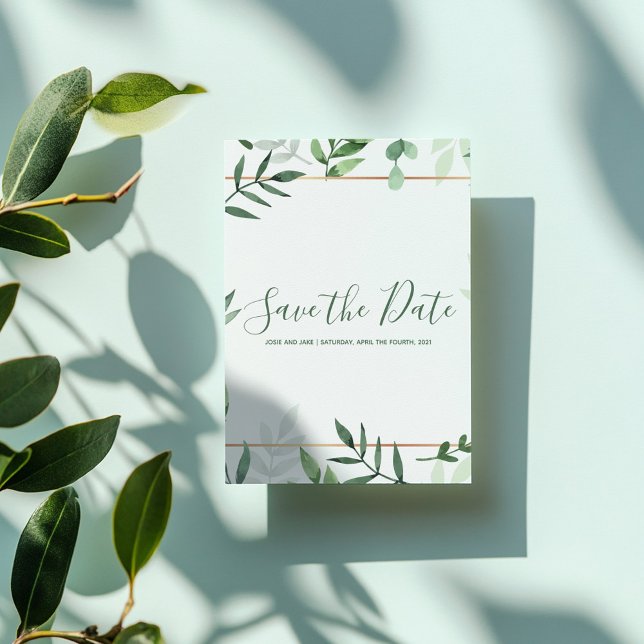 Gold border leafy green save the date card (Green leaves and gold border save the date card)