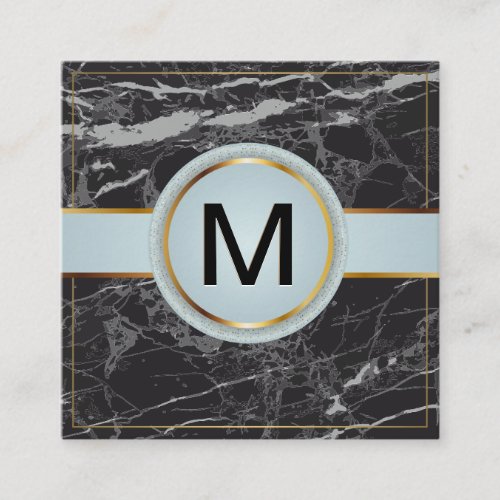 Gold Border Luxury Monogram Black Marble Square Business Card