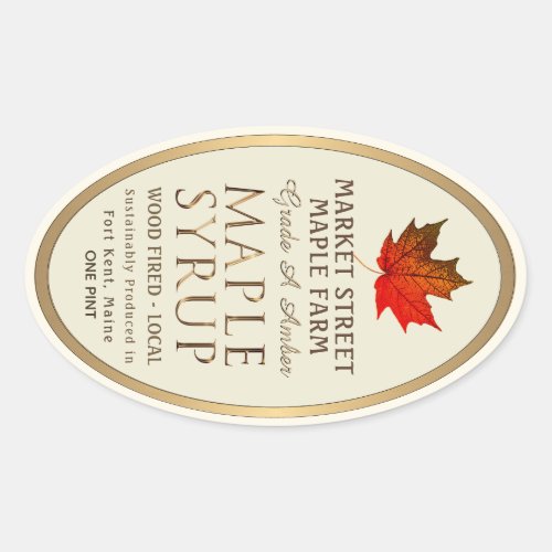 Gold Border Maple Syrup with Red Sugar Maple Leaf Oval Sticker