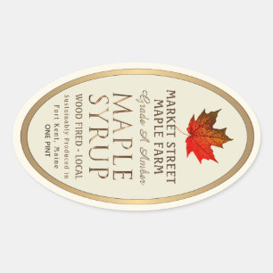 Gold Border Maple Syrup with Red Sugar Maple Leaf Oval Sticker