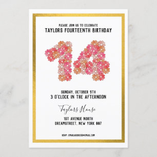 Gold Border Metallic Floral 14TH Birthday Party Invitation
