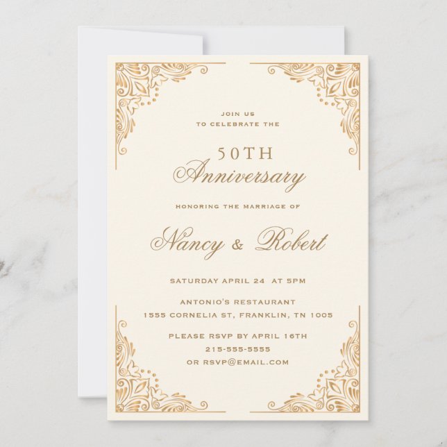Gold Border Ornate Beige 50th Wedding Anniversary Invitation (Front)