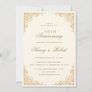 Gold Border Ornate Beige 50th Wedding Anniversary Invitation