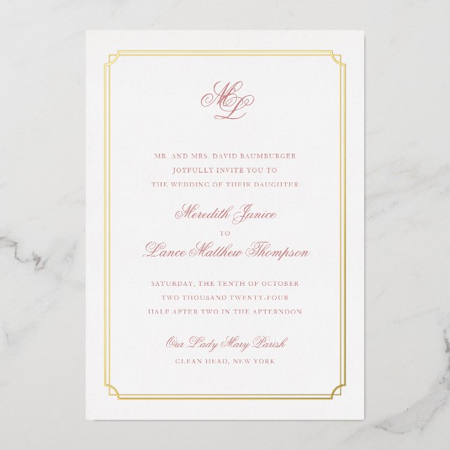 Gold Border Pink and Gold Monogram Wedding Foil Invitation (Front)