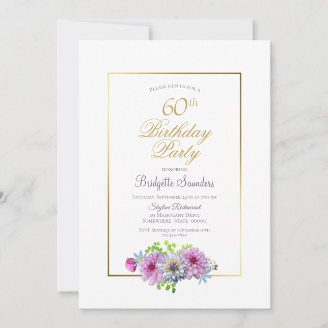 Gold Border Pink Floral 60th Birthday Party Invitation (Front)