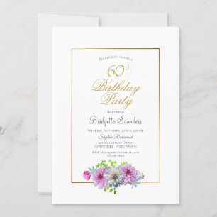 Gold Border Pink Floral 60th Birthday Party Invitation