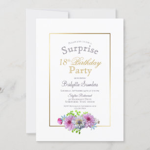 Gold Border Pink Floral Surprise 18th Birthday Invitation