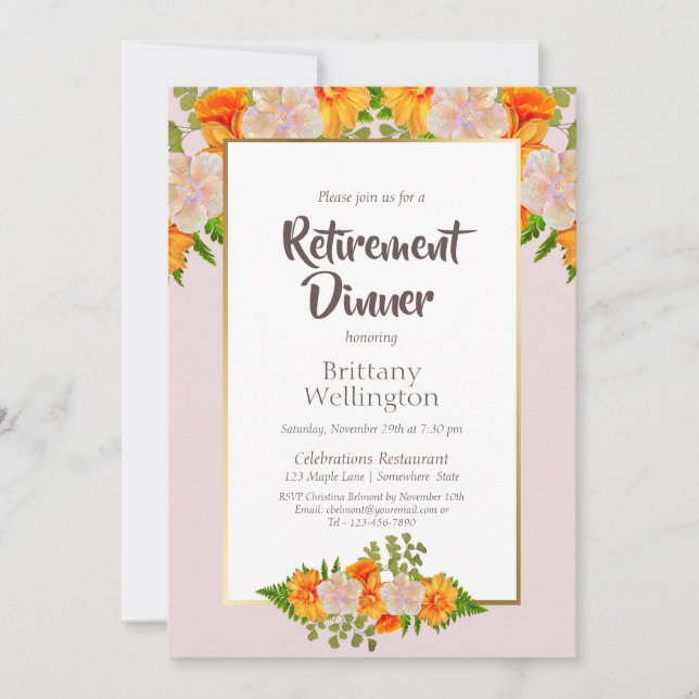 Gold Border Pink Orange Floral Retirement Dinner Invitation (Front)