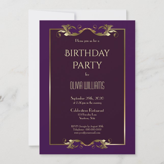 Gold Border Purple Birthday Party Invitation (Front)