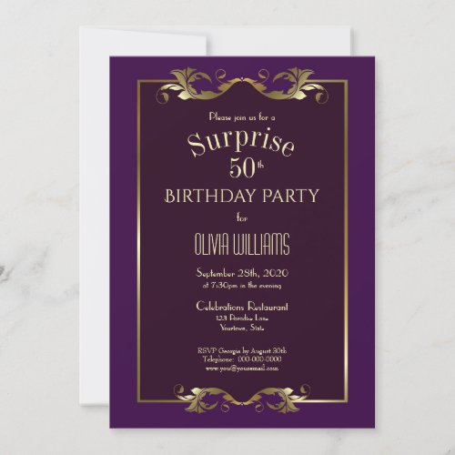 Gold Border Purple Surprise 50th Birthday Party Invitation