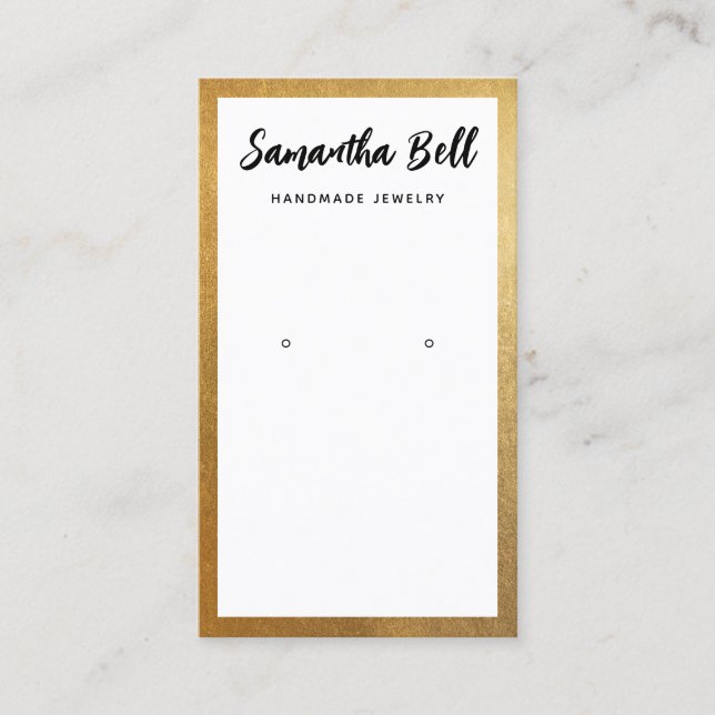 Gold Border Script White Earring Jewelry Business Card (Front)