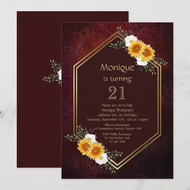 Gold Border Sunflower Burgundy 21st Birthday Party Invitation (Front/Back)