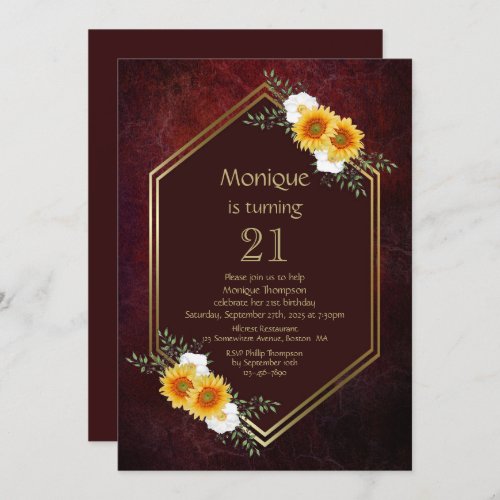 Gold Border Sunflower Burgundy 21st Birthday Party Invitation