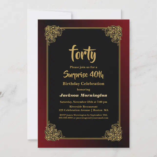 Gold Border Surprise 40th Birthday Invitation | Zazzle
