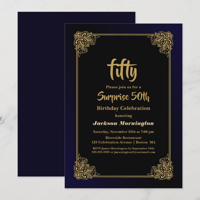 Gold Border Surprise 50th Birthday Party Invitation (Front/Back)