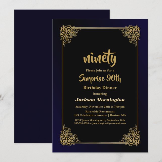 Gold Border Surprise 90th Birthday Invitation (Front/Back)