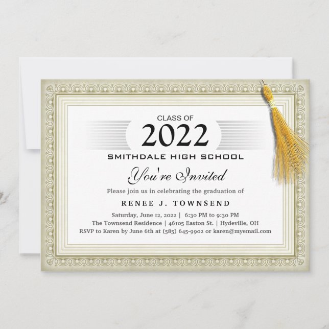 Gold Border Tassel Diploma Graduation Party  Invit Invitation (Front)