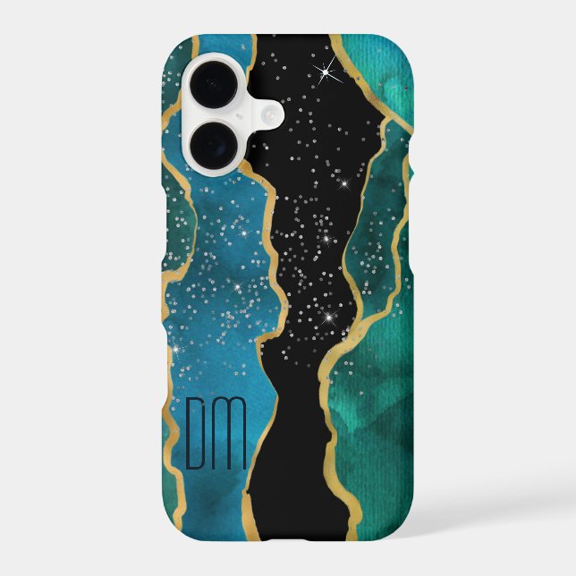 Gold Border Teal Agate Sparkle Monogram Case-Mate iPhone Case (Back)