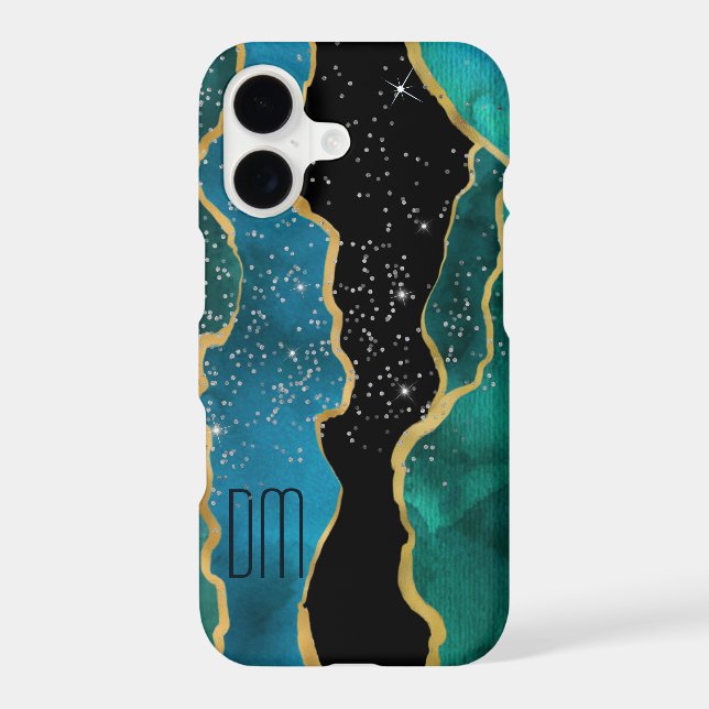 Gold Border Teal Agate Sparkle Monogram iPhone Case (Back)