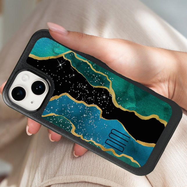 Gold Border Teal Agate Sparkle Monogram Otterbox iPhone Case (Creator Uploaded)