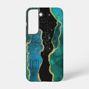 Gold Border Teal Agate Sparkle Monogram Samsung Galaxy S22 Case