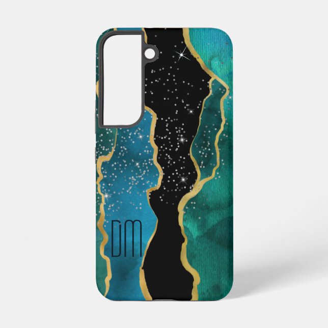 Gold Border Teal Agate Sparkle Monogram Samsung Galaxy Case (Back)