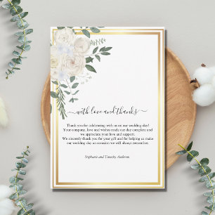 Gold Border White Roses Greenery Wedding Thank You Card