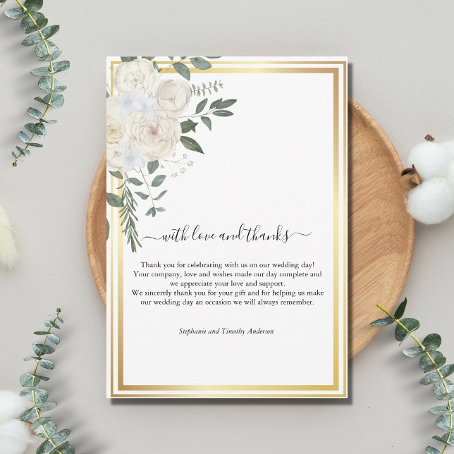 Gold Border White Roses Greenery Wedding  Thank You Card (Creator Uploaded)