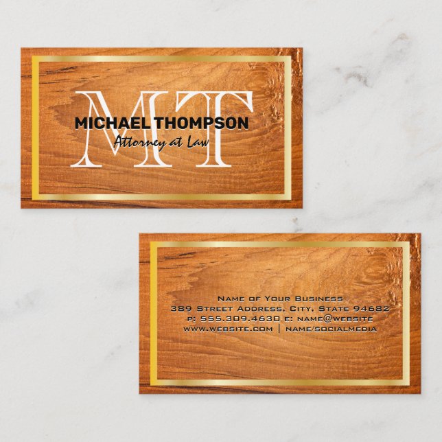 Gold Border | Wood Grain Background Business Card (Front/Back)