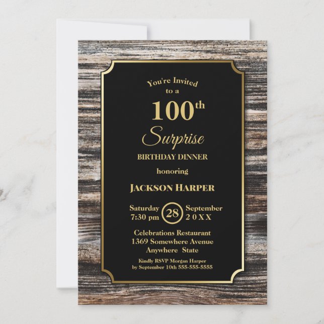 Gold Border Wood Surprise 100th Birthday Dinner Invitation (Front)