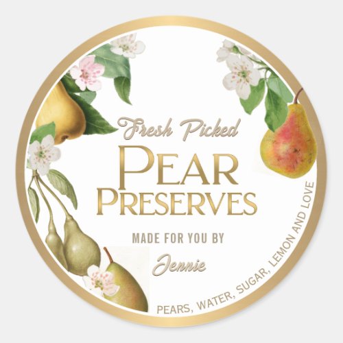 Gold Bordered Homemade Pear Jam Preserves Classic  Classic Round Sticker