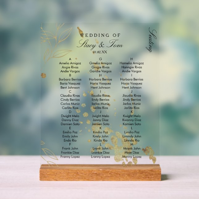 Gold Botanical Art Splash Leaf Wedding Seating Acrylic Sign (Neutral)