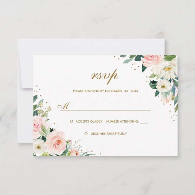 Gold Botanical Blush Floral Wedding RSVP (Front)