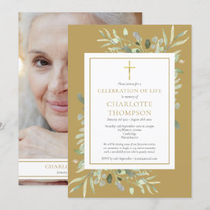 Gold Botanical Celebration of Life Funeral Photo Invitation