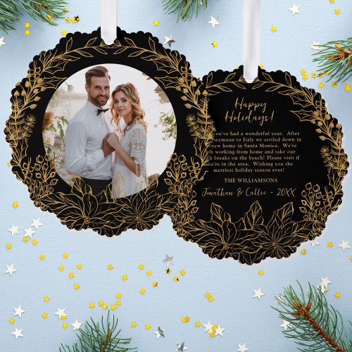 Gold Botanical Christmas Wreath Custom Photo Ornament Card