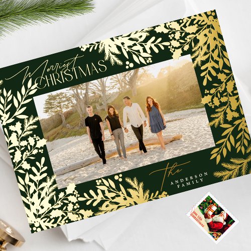 Gold Botanical Classic Merry Christmas Photo Foil Holiday Card