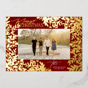 Gold Botanical Classic Red Merry Christmas Photo Foil Holiday Card