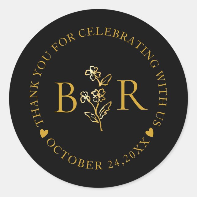Gold Botanical Custom Foil Monogram  Classic Round Sticker (Front)