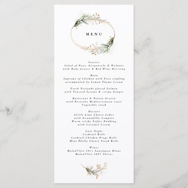 Gold Botanical Eucalyptus Elegant Greenery Moss Menu (Front)