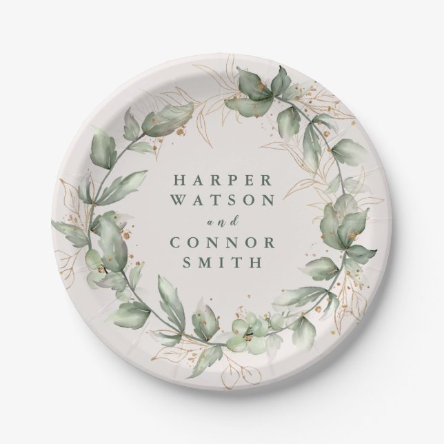 Gold Botanical Eucalyptus Elegant Greenery Moss Paper Plates (Front)