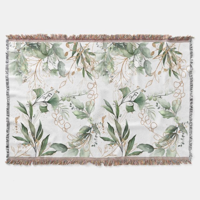 Gold Botanical Eucalyptus Elegant Greenery Moss Throw Blanket (Front)