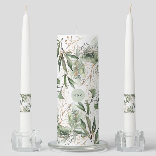 Gold Botanical Eucalyptus Elegant Greenery Moss Unity Candle Set