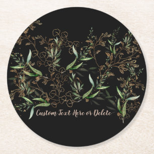 Gold Botanical Eucalyptus Elegant Premium Black Round Paper Coaster