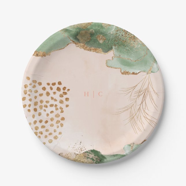 Gold Botanical Eucalyptus Modern Greenery Abstract Paper Plates (Front)