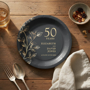 Gold Botanical Floral 50th Wedding Anniversary Paper Plates
