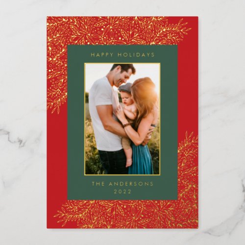 Gold Botanical Frame Text Photo Happy Foil Holiday Card