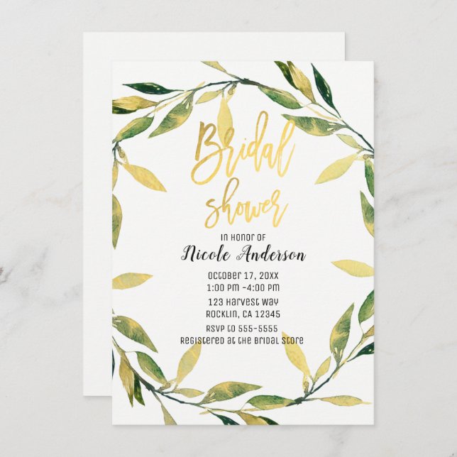 Gold Botanical Green Leaf Wreath Bridal Shower Invitation (Front/Back)