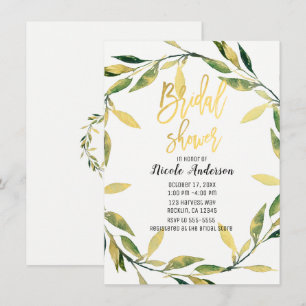 Gold Botanical Green Leaf Wreath Bridal Shower Invitation