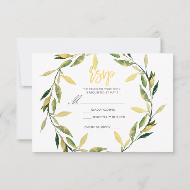Gold Botanical Green Leaf Wreath Modern RSVP Reply (Front)