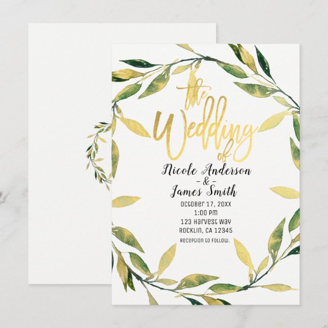 Gold Botanical Green Leaf Wreath Modern Wedding Invitation (Front/Back)
